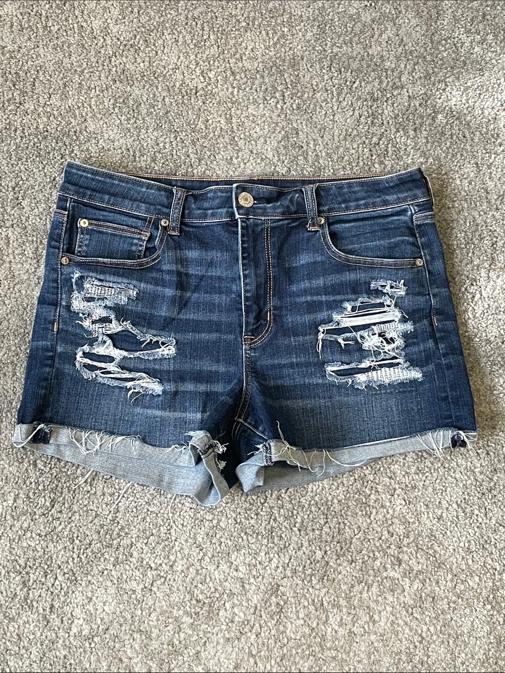 EC American Eagle Hi-Rise Shortie Distressed Denim Shorts - Dark Wash - Size 14